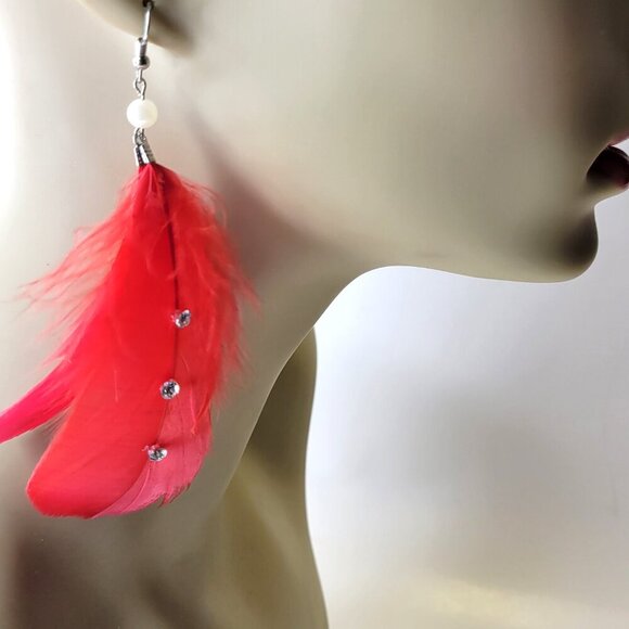 Feather and Crystal Long Earrings - Picture 2 of 11